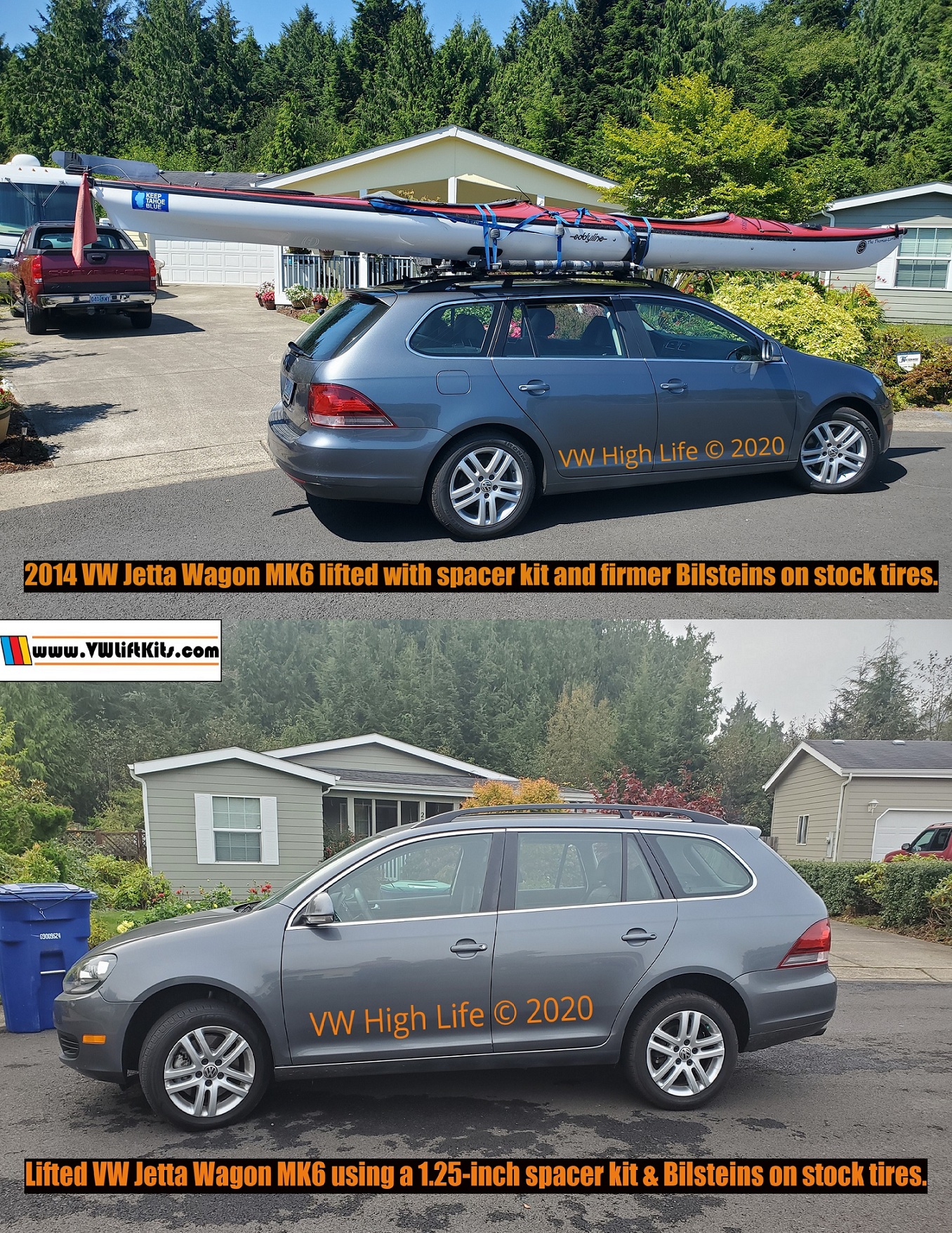 2014 Jetta Wagon lifted properly using a 1.25-inch spacer kit, firmer Bilsteins, new German brand top mounts & bump stops.